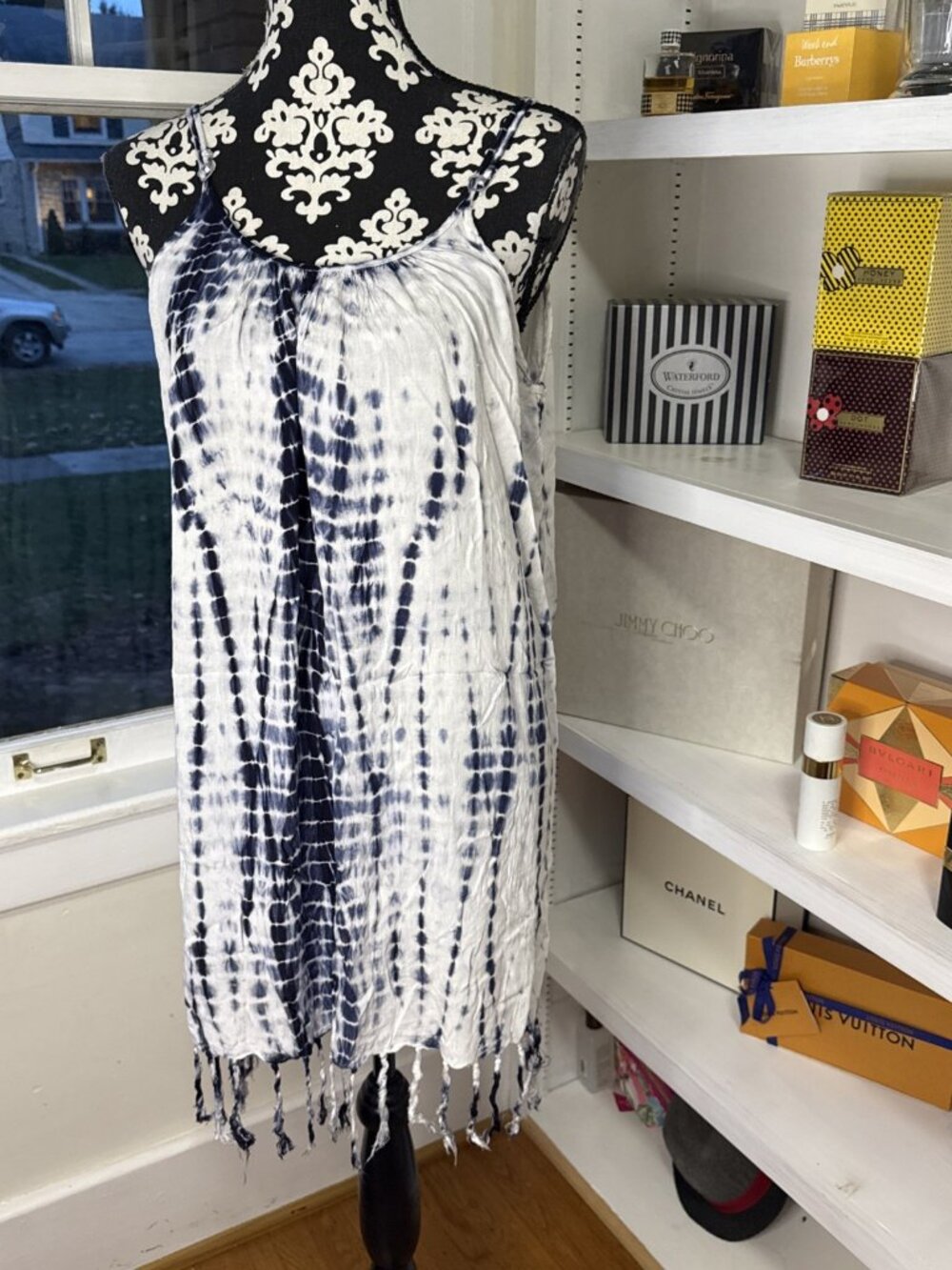 Raviya Women's Navy Tie-Dye Spaghetti Strap Cover-Up Dress Large Blue & white